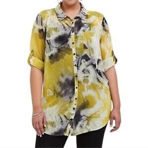 Torrid Chiffon Collared Button-Front Tunic Blouse Yellow Black White Size 3X‎